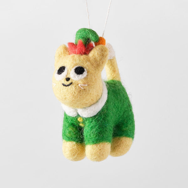 "BUDDY", Cat in an Elf Outfit - HANGING FELT ORNAMENT — by Elliot Kruszynski