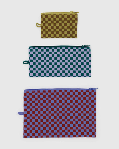 ENSEMBLE DE 3 POCHETTES « FLAT POUCH JEWL CHECKS » — par Baggu